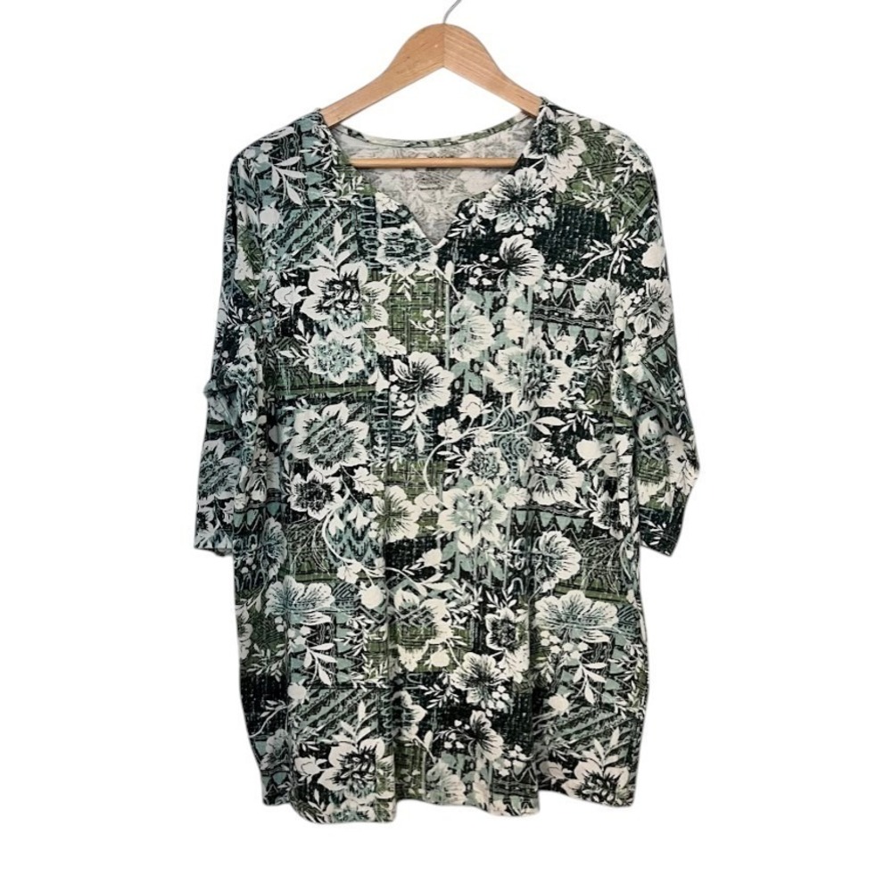 Women Within Plus Size Tunic 18/20 Green Floral Split Neck 3/4 Sleeve Long Top‎